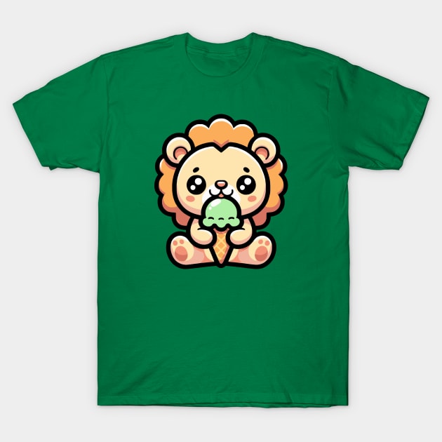 Kawaii Lion Eating Ice Cream T-Shirt by Mey Designs